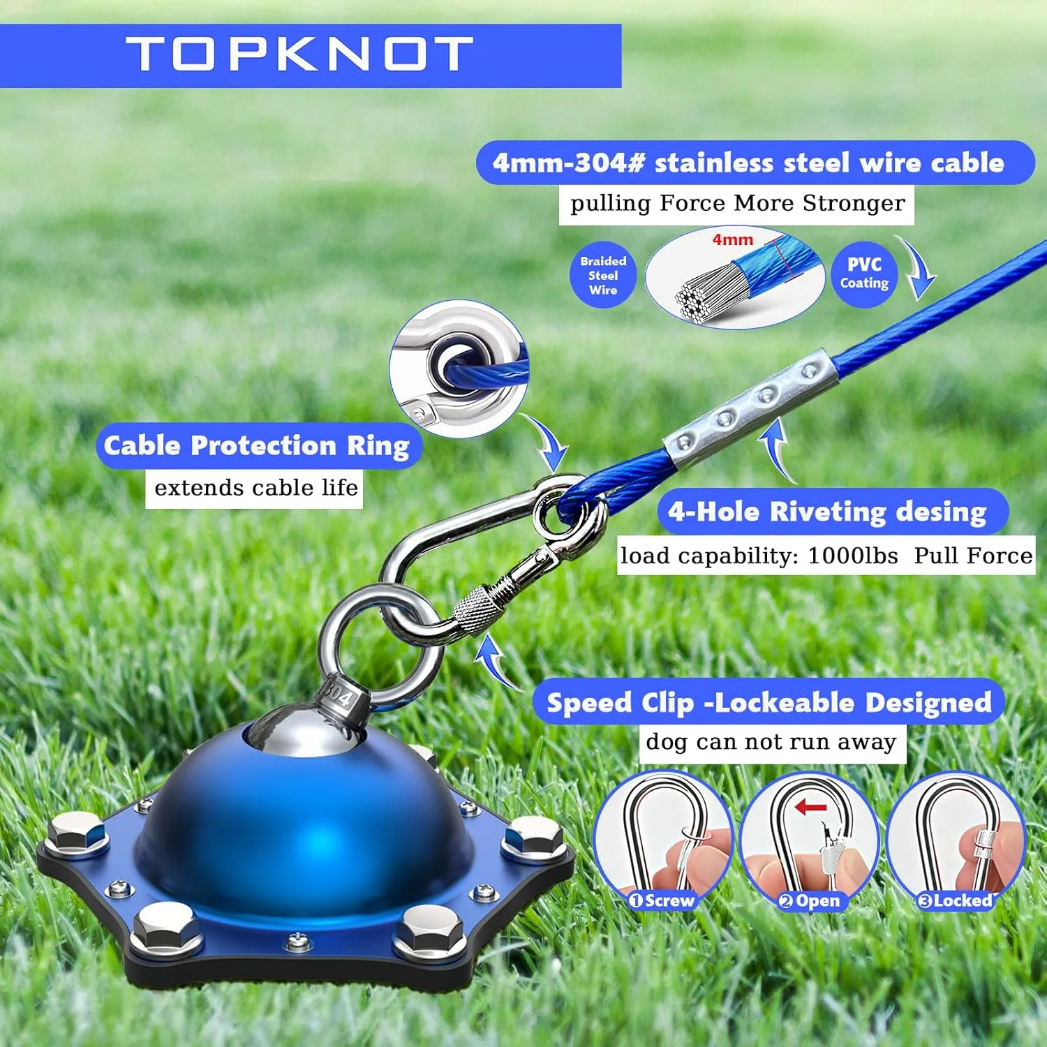 TOPKNOT Dog Tie Out Cable and Stake for Camping,360°Swivel Dog Run- No Tangle,with 30FT Heavy Duty Cable, Runner for Yard - Up to 150LBS,Ideal for Outdoor Camping