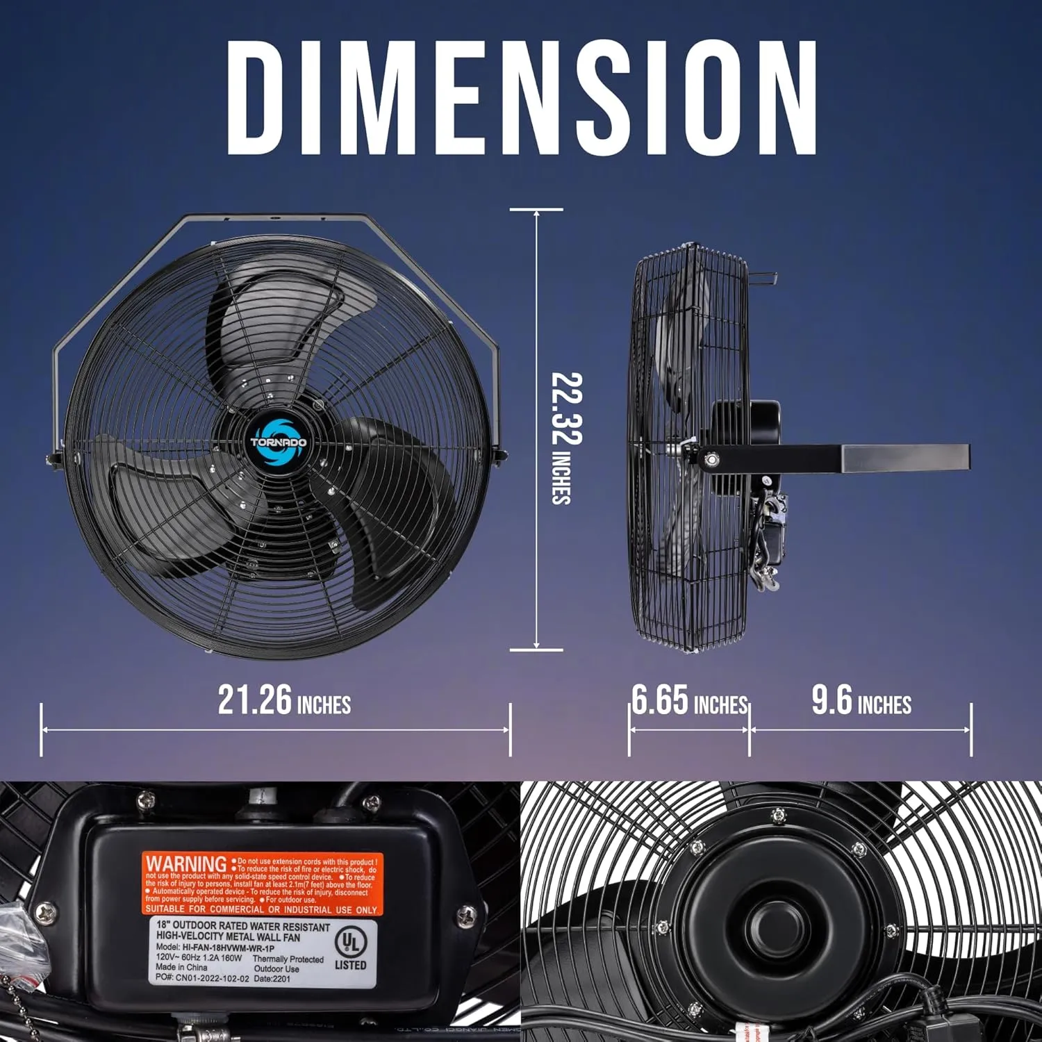 Tornado 18" Outdoor IPX4 Rated Water-Resistant Metal Industrial Wall Mount Fan, 3 Speed High Velocity Wall Fan For Commercial, Industrial, Residential Use, 4150 CFM 6.6 FT Cord 180°Tilting, Black