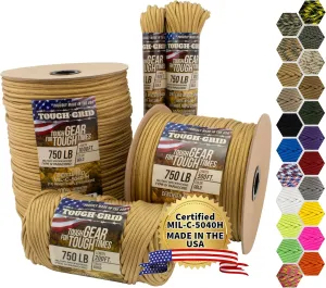 TOUGH-GRID Premium Paracord 750 lbs Made in USA Outdoor Survival Nylon Rope Tactical Heavy Duty Strands Parachute Cord Used by US Military Type IV Mil-Spec