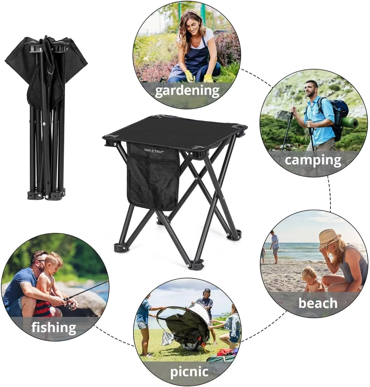 Triple Tree 1 Pack Folding Camping Stool, 13.8 Inch Small Portable Lightweight Stool with Side Pocket, Foot Stool with Carry Bag for Hiking, Fishing and Beach, Hold up to 400lbs, Black