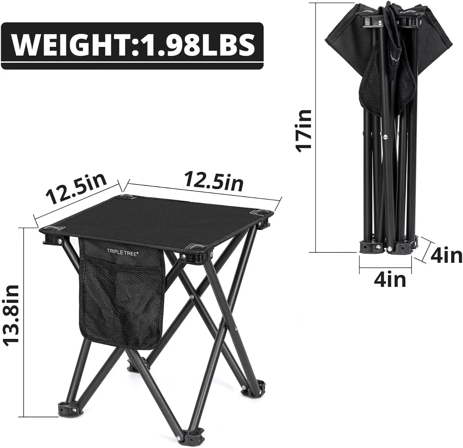 Triple Tree 1 Pack Folding Camping Stool, 13.8 Inch Small Portable Lightweight Stool with Side Pocket, Foot Stool with Carry Bag for Hiking, Fishing and Beach, Hold up to 400lbs, Black