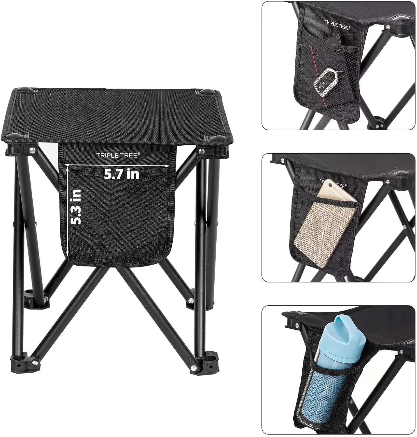 Triple Tree 1 Pack Folding Camping Stool, 13.8 Inch Small Portable Lightweight Stool with Side Pocket, Foot Stool with Carry Bag for Hiking, Fishing and Beach, Hold up to 400lbs, Black