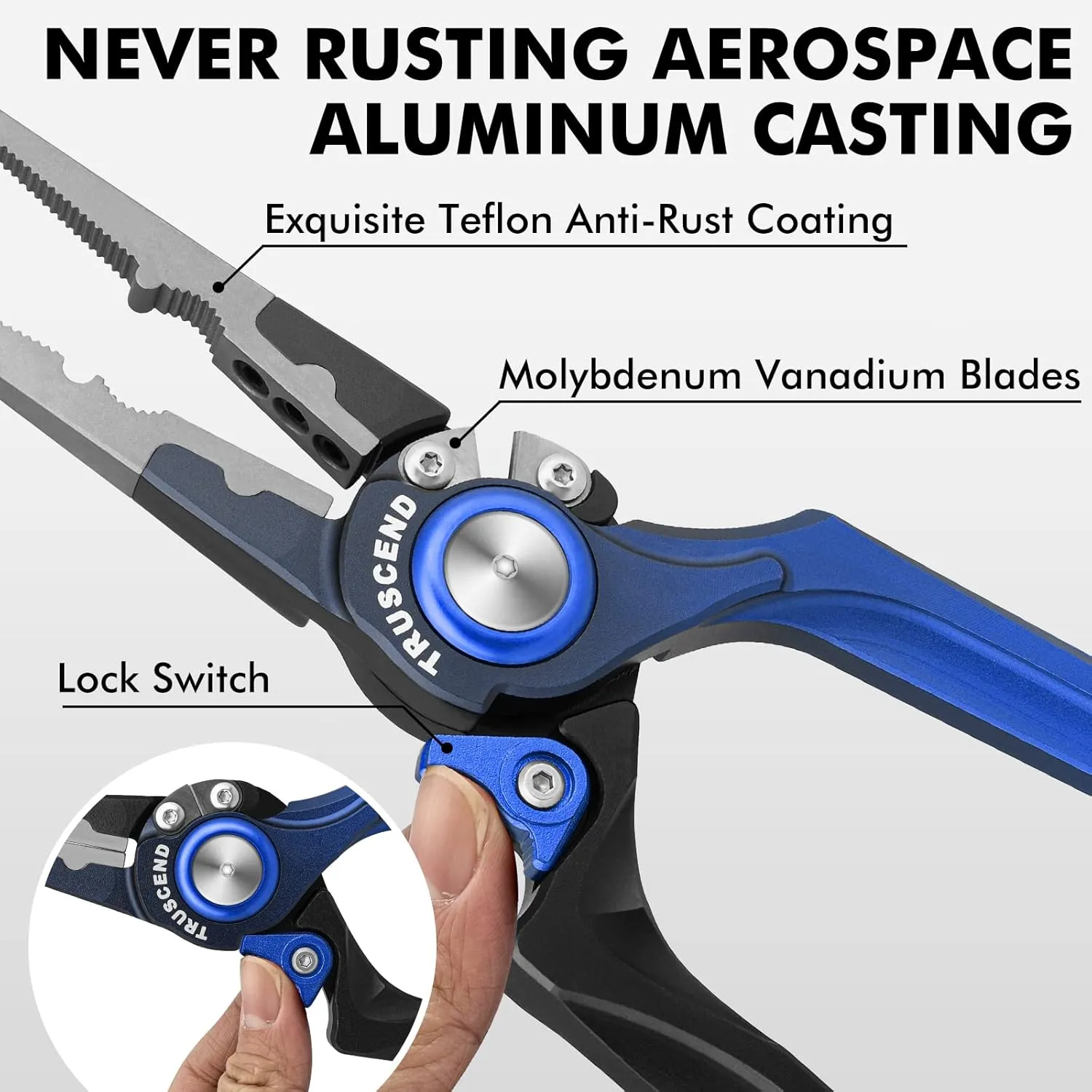 TRUSCEND Lockable Handy Fishing Pliers with Innovative Ergonomical Handle, Corrosion Saltwater Resistant Teflon Coated Fishing Tool, Multi-Function Fishing Gear with Mo-V Cutter, Fishing Gifts for Men