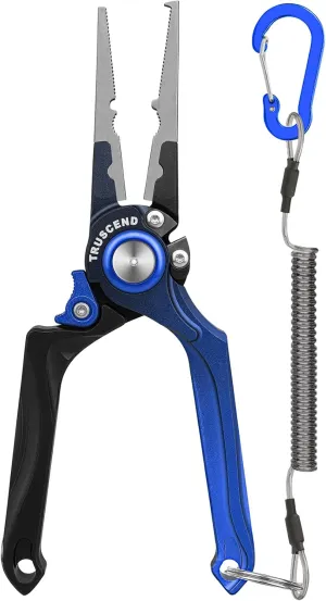 TRUSCEND Lockable Handy Fishing Pliers with Innovative Ergonomical Handle, Corrosion Saltwater Resistant Teflon Coated Fishing Tool, Multi-Function Fishing Gear with Mo-V Cutter, Fishing Gifts for Men