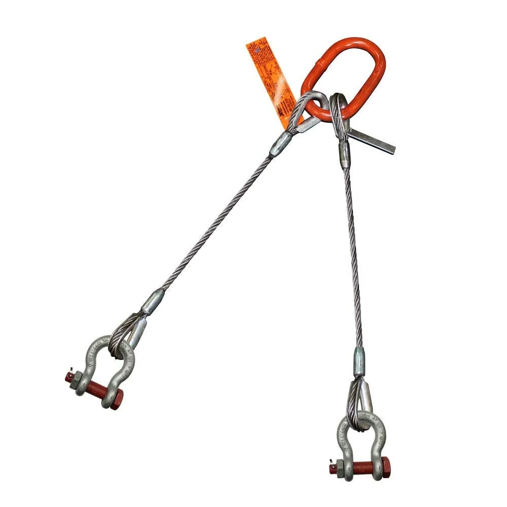 Two Leg Wire Rope Sling | 63 Ton Vertical Rated Capacity | Thimble-to-Bolt Anchor Shackle | 2" Dia. | 12' Length | EIPS 6x37 IWRC | Hanes Supply (HSI) Heavy Duty Rigging Cable for Lifting and Towing