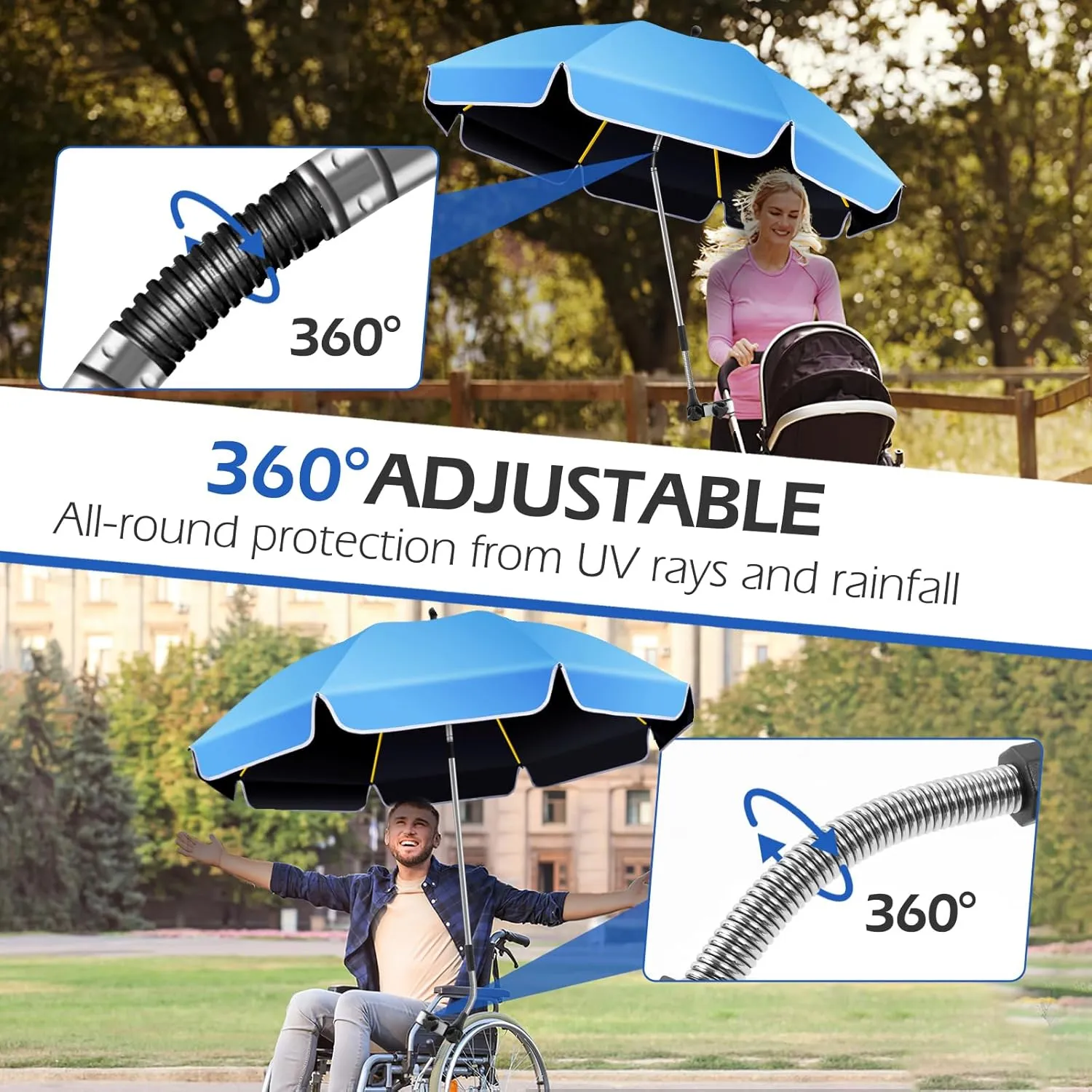 Umbrella 360°Adjustable Protection Stroller, 2 PACK 48.8" beach chair umbrella with clamp, high UV protection. 3 Adjustable areas 180° 360° for fishing, golf, beach, camping (chair not included)