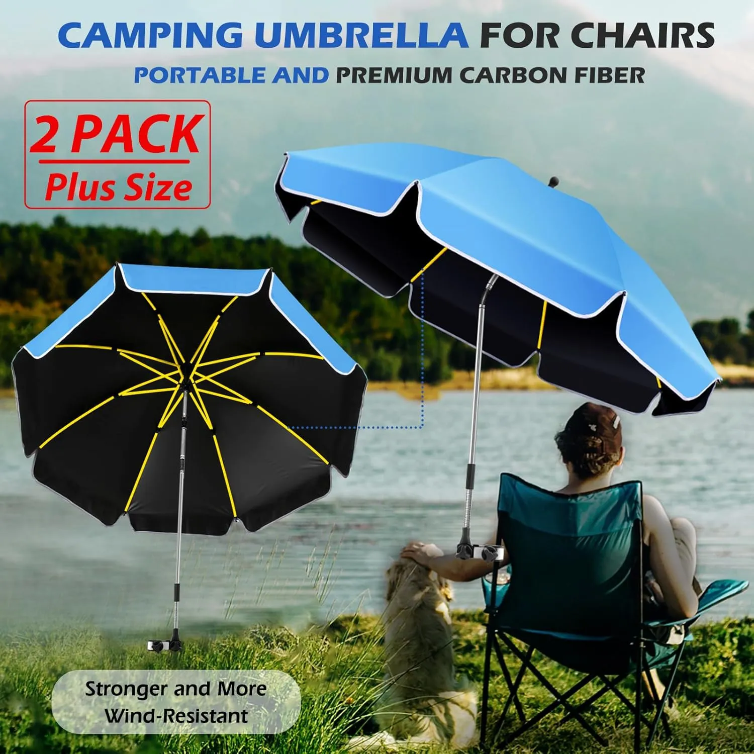 Umbrella 360°Adjustable Protection Stroller, 2 PACK 48.8" beach chair umbrella with clamp, high UV protection. 3 Adjustable areas 180° 360° for fishing, golf, beach, camping (chair not included)