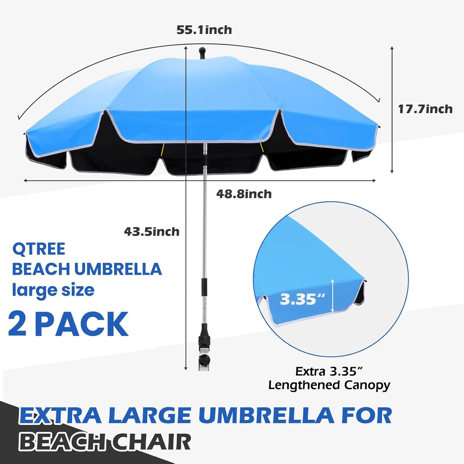 Umbrella 360°Adjustable Protection Stroller, 2 PACK 48.8" beach chair umbrella with clamp, high UV protection. 3 Adjustable areas 180° 360° for fishing, golf, beach, camping (chair not included)