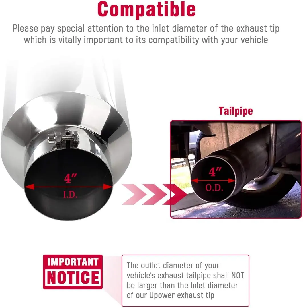Upower 4" to 10" Exhaust Tip Mirror Polished 4 Inch Inlet 10 Inch Outlet Exhaust Tailpipe 18" Length Bolt-On 45 Degree Angle Cut Tail Pipe
