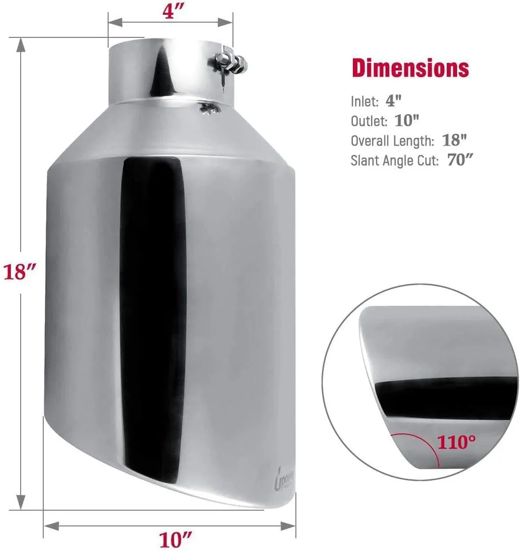Upower 4" to 10" Exhaust Tip Mirror Polished 4 Inch Inlet 10 Inch Outlet Exhaust Tailpipe 18" Length Bolt-On 45 Degree Angle Cut Tail Pipe