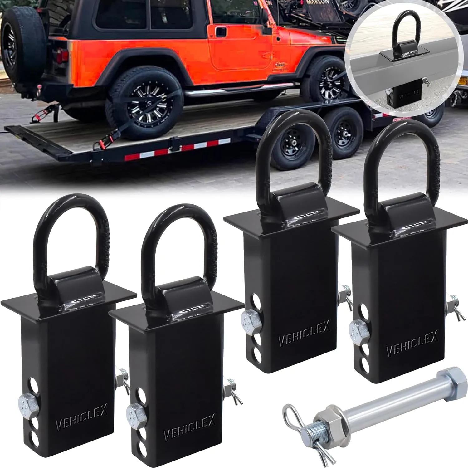 Vehiclex Stake Pocket D Ring Anchors – Heavy-Duty Galvanized Steel with Zinc-Coated Hardware, Reliable Tie-Downs for Flatbed Trucks, Trailers, and More (4-Pack)