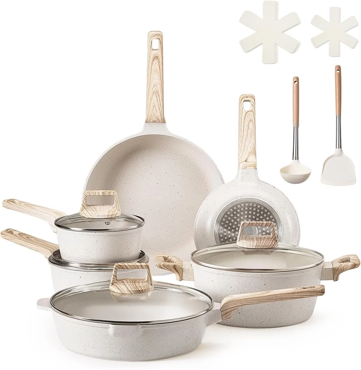 VEVOR 17 Piece Pots and Pans Set, Granite Nonstick Cookware Set, Induction Cookwares, Kitchen RV Cooking Sets with Frying, Sauce, Saute, Tempered Glass Lids, and Pan Protectors, White