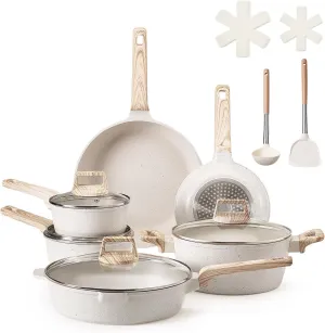 VEVOR 17 Piece Pots and Pans Set, Granite Nonstick Cookware Set, Induction Cookwares, Kitchen RV Cooking Sets with Frying, Sauce, Saute, Tempered Glass Lids, and Pan Protectors, White