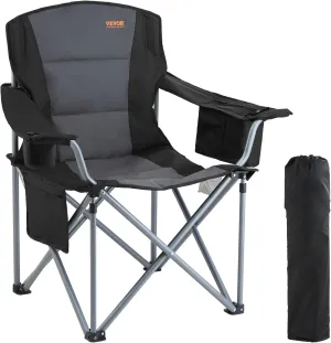 VEVOR Oversized Camping Folding Chair, 450 LBS Heavy Duty Outdoor Quad Lumbar Back Padded with Side Pockets, Cup Holder and Cooler Bag for Beach, Picnic, Fishing, Black