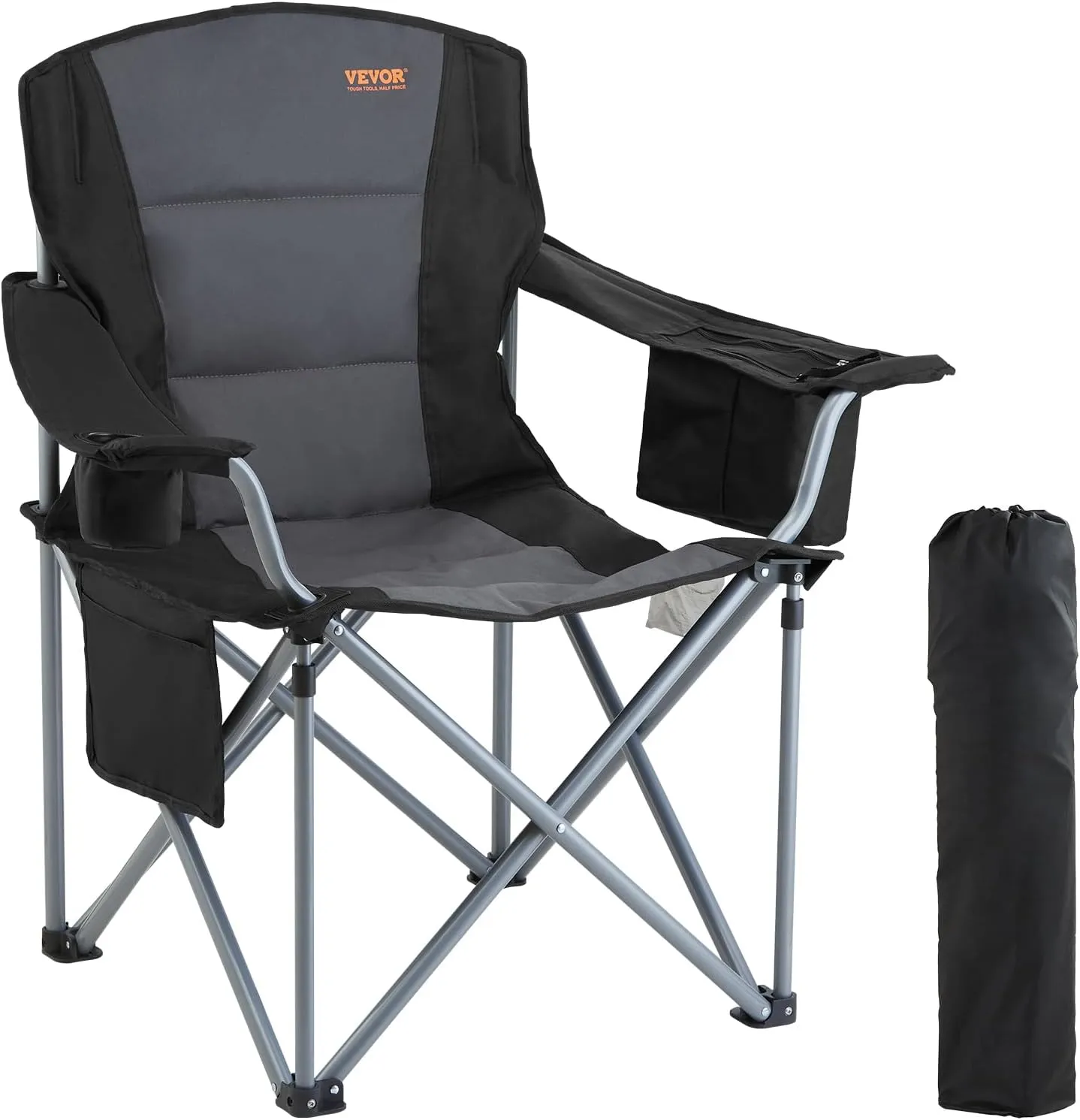 VEVOR Oversized Camping Folding Chair, 450 LBS Heavy Duty Outdoor Quad Lumbar Back Padded with Side Pockets, Cup Holder and Cooler Bag for Beach, Picnic, Fishing, Black