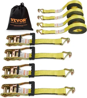 VEVOR Ratchet Tie Down Straps (4-Pack), 10000 lb Break Strength, Heavy Duty Double J Hooks, 2" x 27' with Padded Handles - Ideal for Moving, Securing Cargo, Appliances, Lawn Equipment, and More