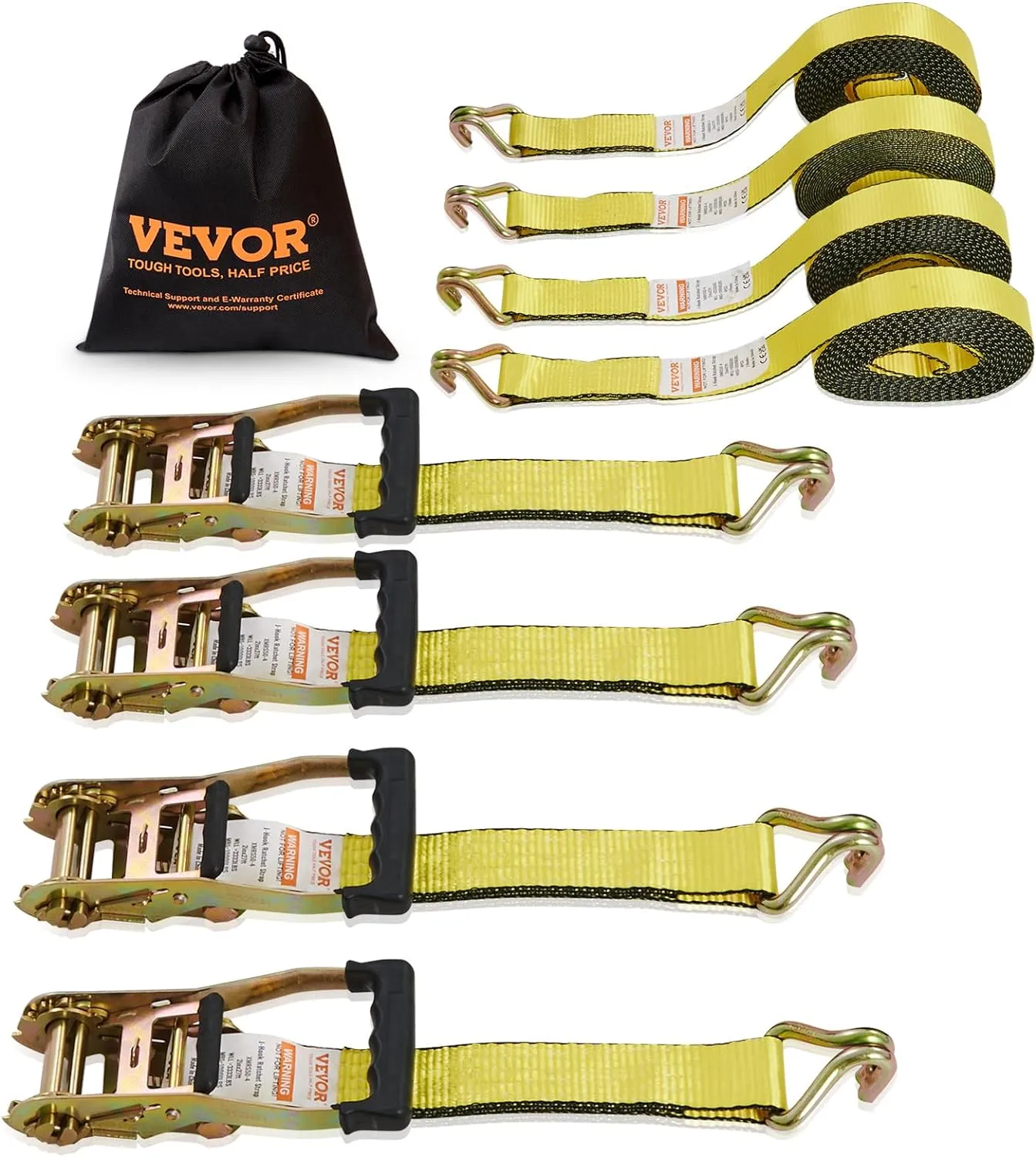 VEVOR Ratchet Tie Down Straps (4-Pack), 10000 lb Break Strength, Heavy Duty Double J Hooks, 2" x 27' with Padded Handles - Ideal for Moving, Securing Cargo, Appliances, Lawn Equipment, and More