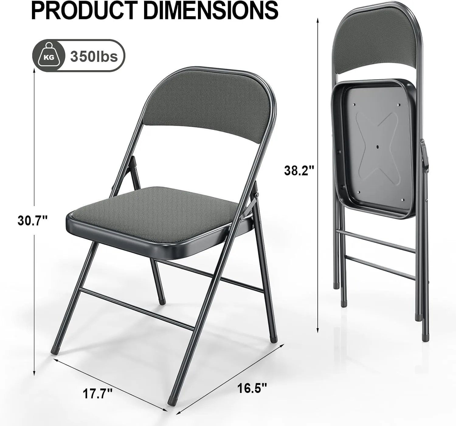 VINGLI 4 Pack Folding Chairs with Padded Seats, Metal Frame with Fabric Seat & Back, Capacity 350 lbs, Gray, Set of 4