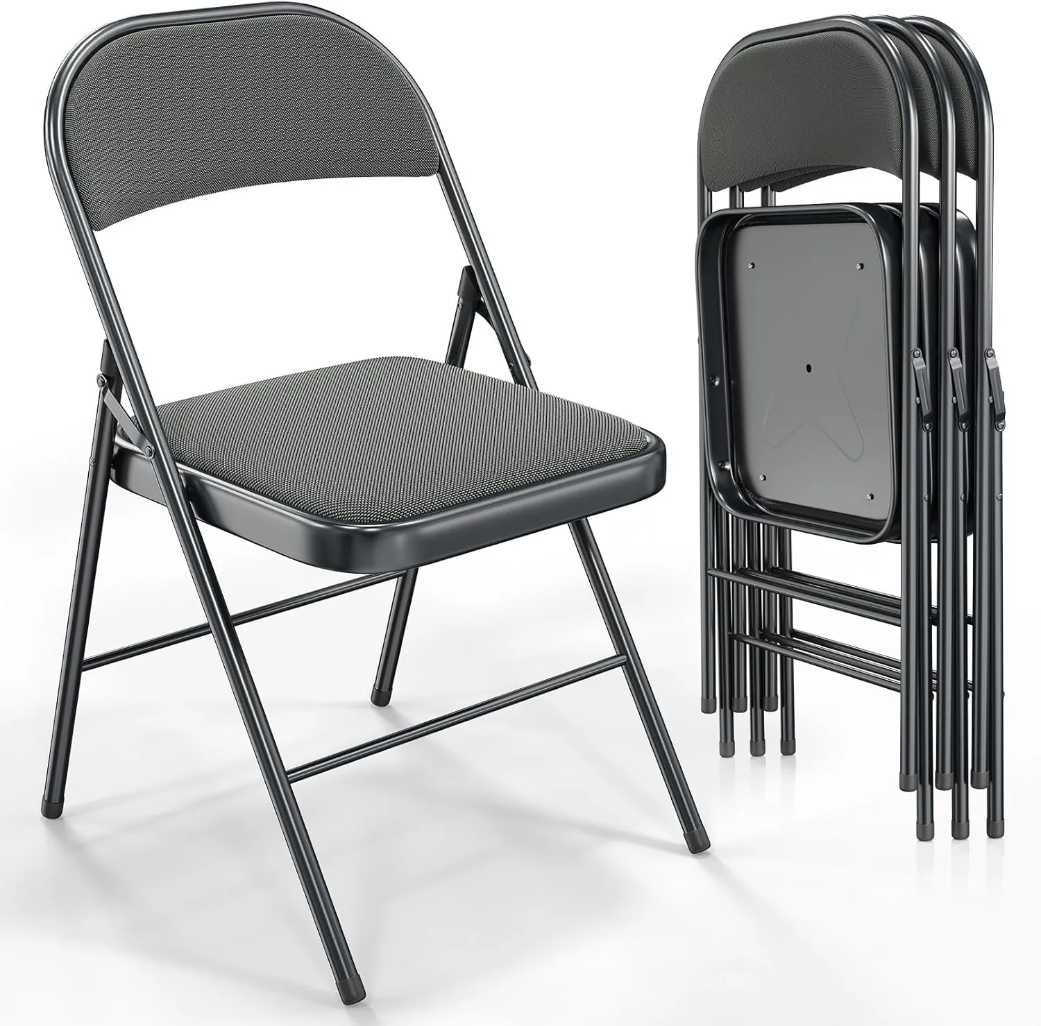 VINGLI 4 Pack Folding Chairs with Padded Seats, Metal Frame with Fabric Seat & Back, Capacity 350 lbs, Gray, Set of 4