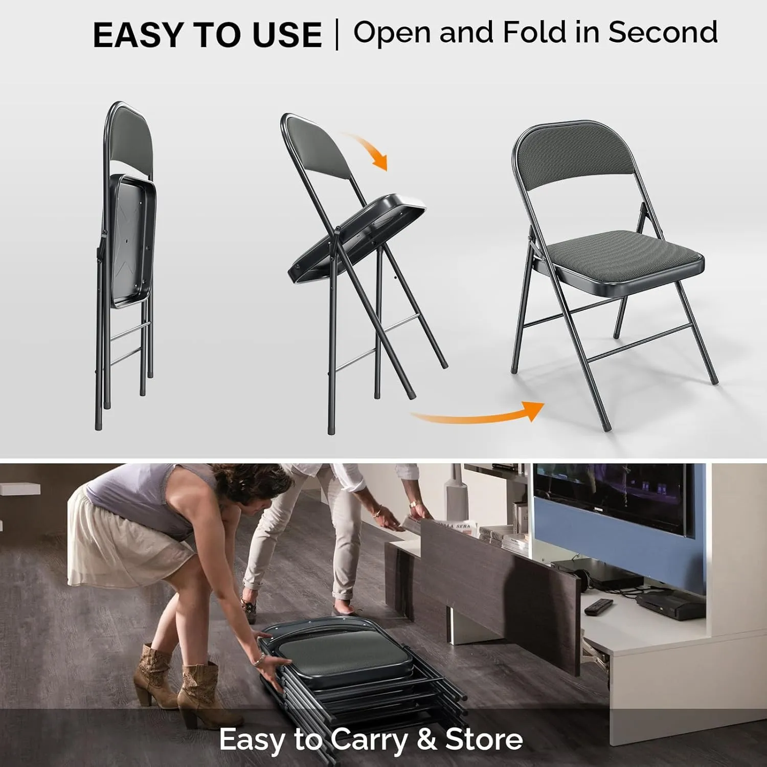 VINGLI 4 Pack Folding Chairs with Padded Seats, Metal Frame with Fabric Seat & Back, Capacity 350 lbs, Gray, Set of 4