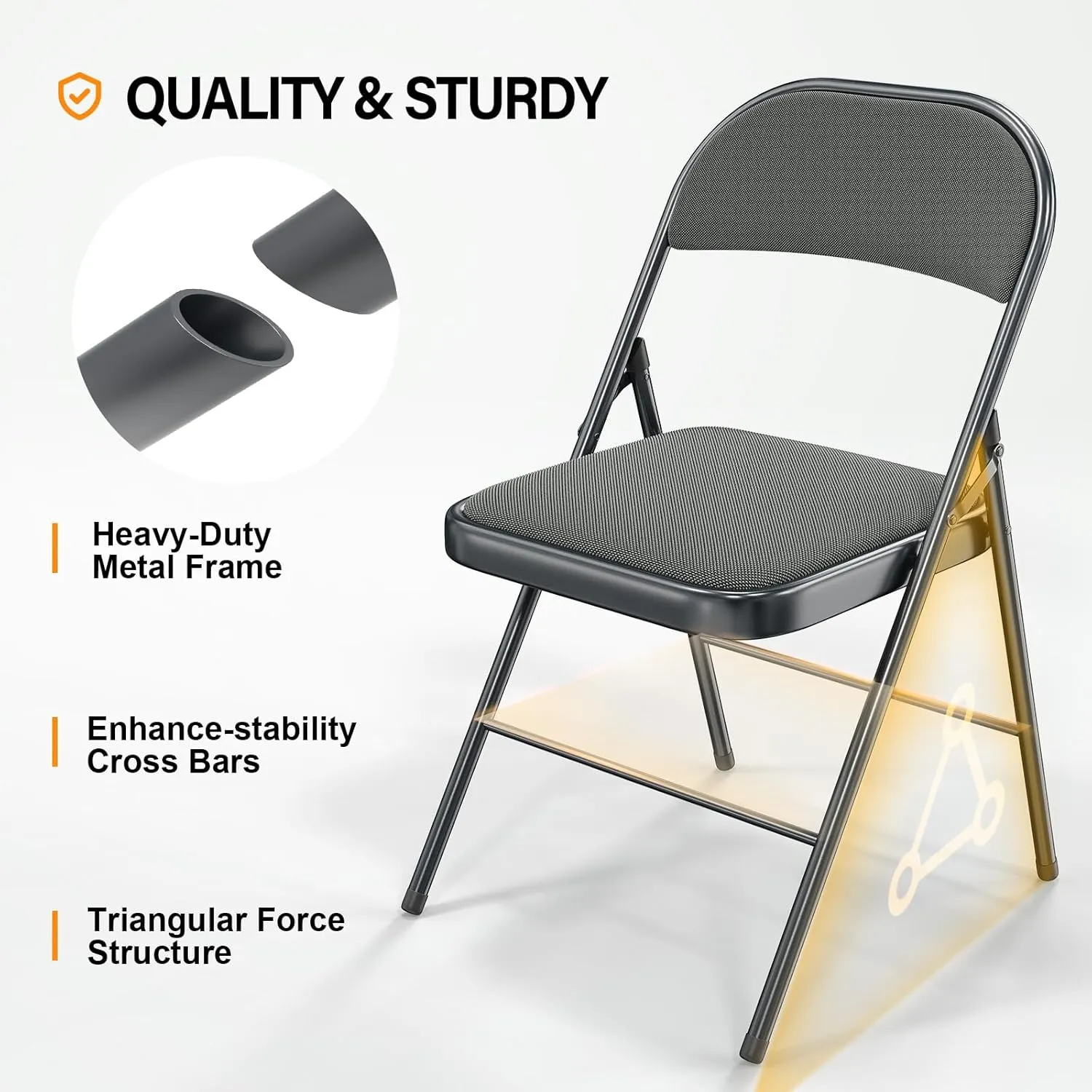 VINGLI 4 Pack Folding Chairs with Padded Seats, Metal Frame with Fabric Seat & Back, Capacity 350 lbs, Gray, Set of 4