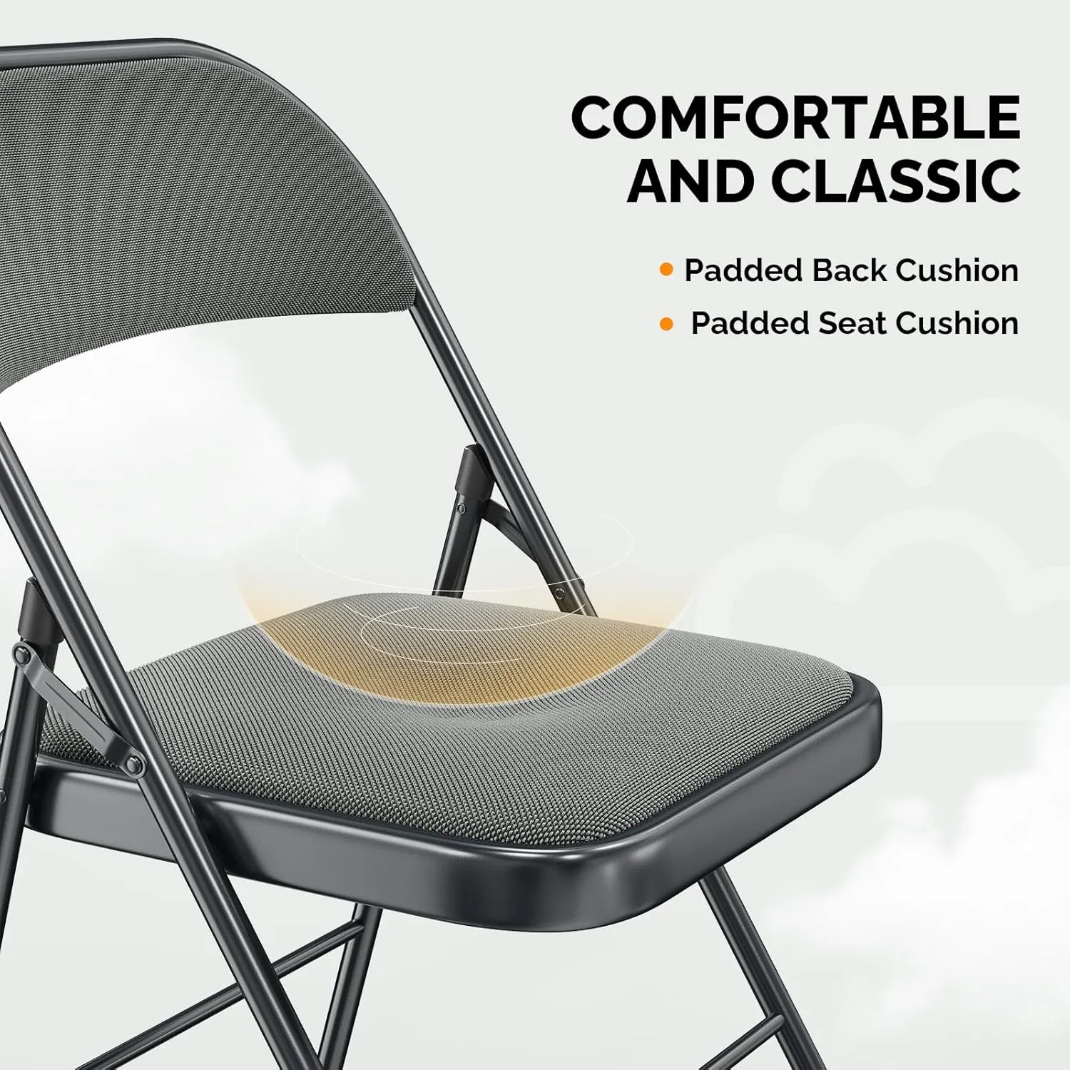 VINGLI 4 Pack Folding Chairs with Padded Seats, Metal Frame with Fabric Seat & Back, Capacity 350 lbs, Gray, Set of 4