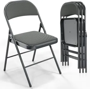 VINGLI 4 Pack Folding Chairs with Padded Seats, Metal Frame with Fabric Seat & Back, Capacity 350 lbs, Gray, Set of 4
