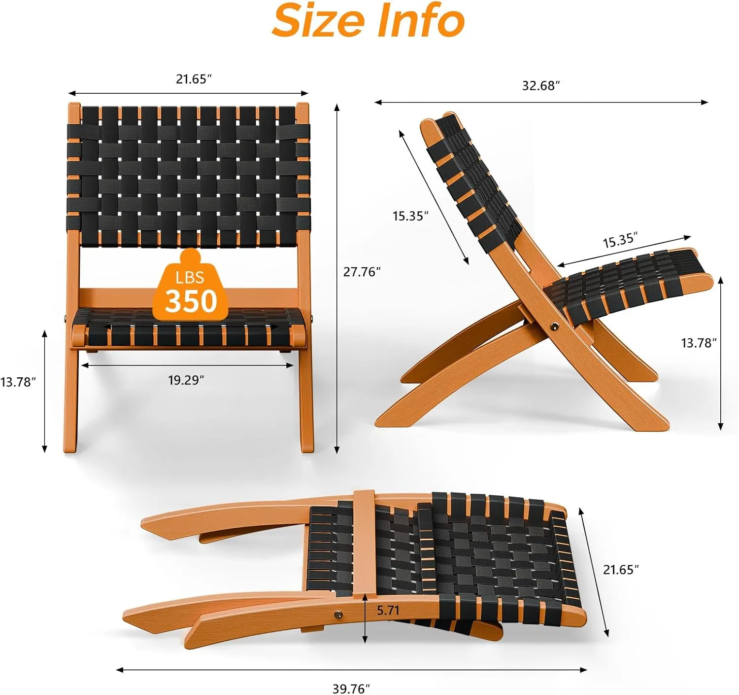 VINGLI Wooden Outdoor Chairs, Portable Rattan Folding Chair with Low Webbing Seat and Backrest, Adirondack Chairs, Ideal for Patio, Lawn, Garden, Fishing, Black, 2 Pack