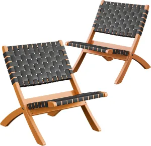 VINGLI Wooden Outdoor Chairs, Portable Rattan Folding Chair with Low Webbing Seat and Backrest, Adirondack Chairs, Ideal for Patio, Lawn, Garden, Fishing, Black, 2 Pack