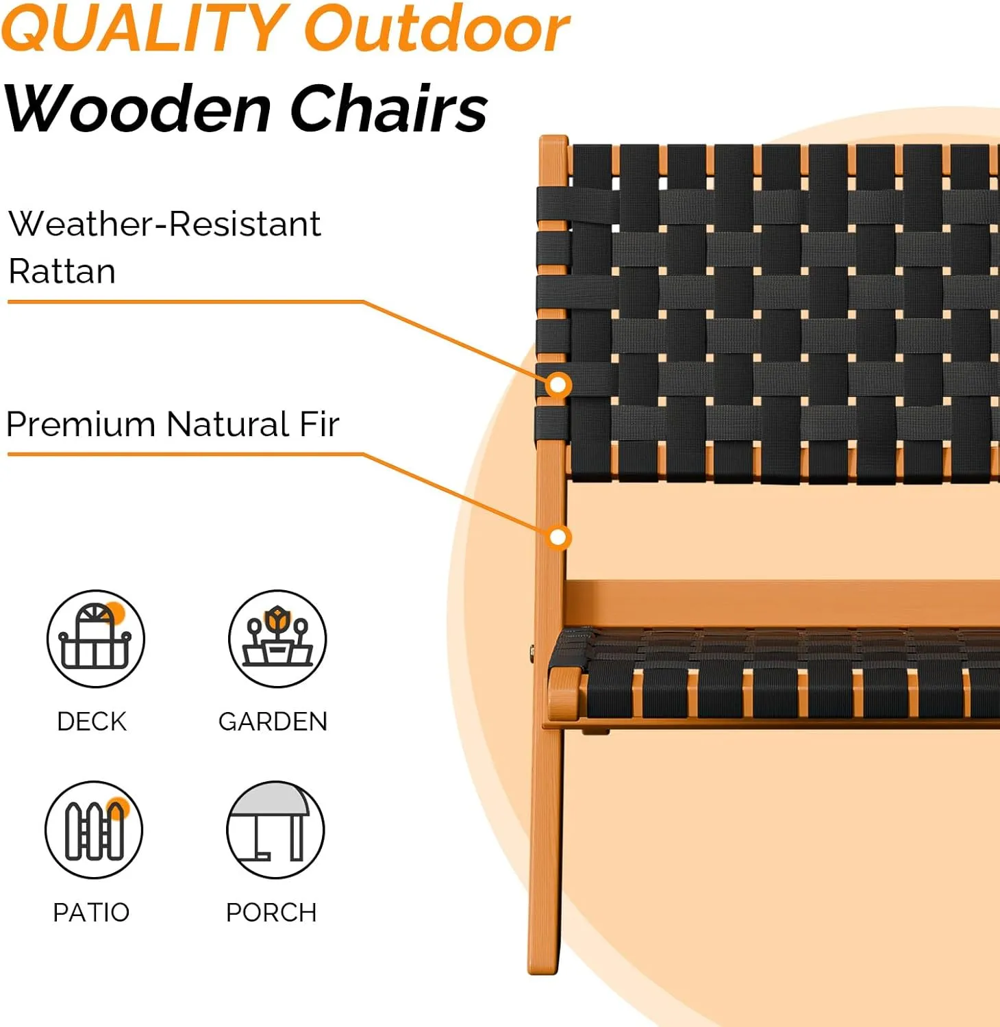VINGLI Wooden Outdoor Chairs, Portable Rattan Folding Chair with Low Webbing Seat and Backrest, Adirondack Chairs, Ideal for Patio, Lawn, Garden, Fishing, Black, 2 Pack