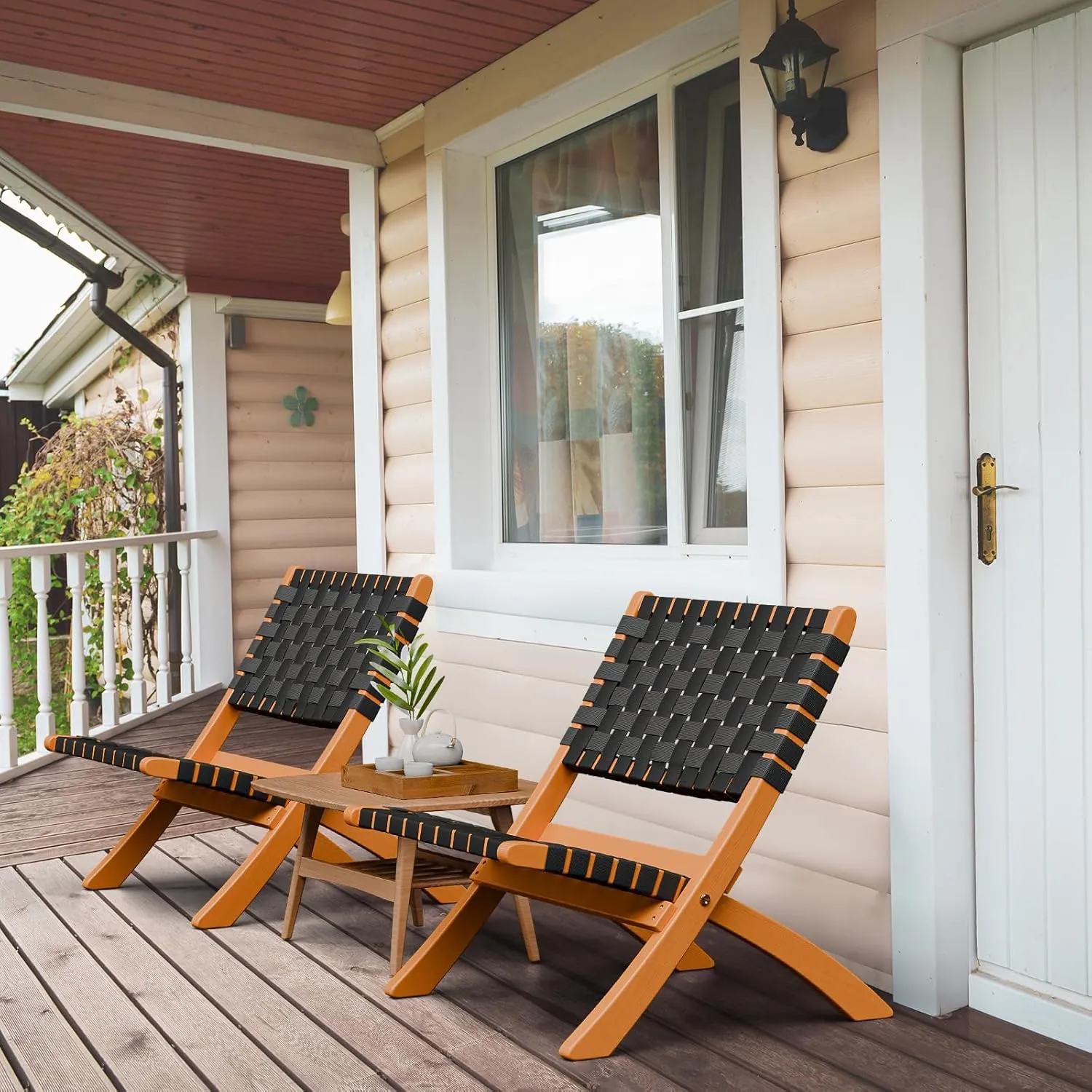 VINGLI Wooden Outdoor Chairs, Portable Rattan Folding Chair with Low Webbing Seat and Backrest, Adirondack Chairs, Ideal for Patio, Lawn, Garden, Fishing, Black, 2 Pack