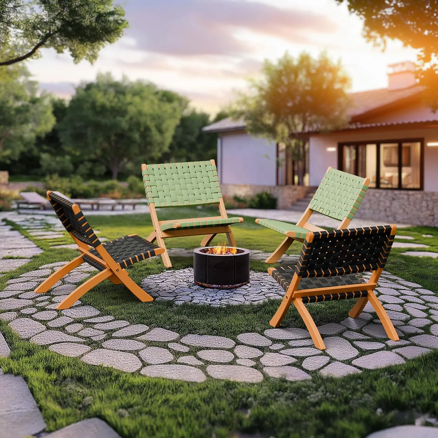 VINGLI Wooden Outdoor Chairs, Portable Rattan Folding Chair with Low Webbing Seat and Backrest, Adirondack Chairs, Ideal for Patio, Lawn, Garden, Fishing, Black, 2 Pack