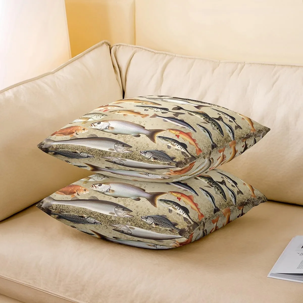 Vintage Fishing Pillow Covers 18"x18",Underwater Fish Animals Cushion Covers for Couch Sofa, Farmhouse Lakeside Fishing Outdoor Pillow Covers,Lake and Fashing Reversible Throw Pillow Covers