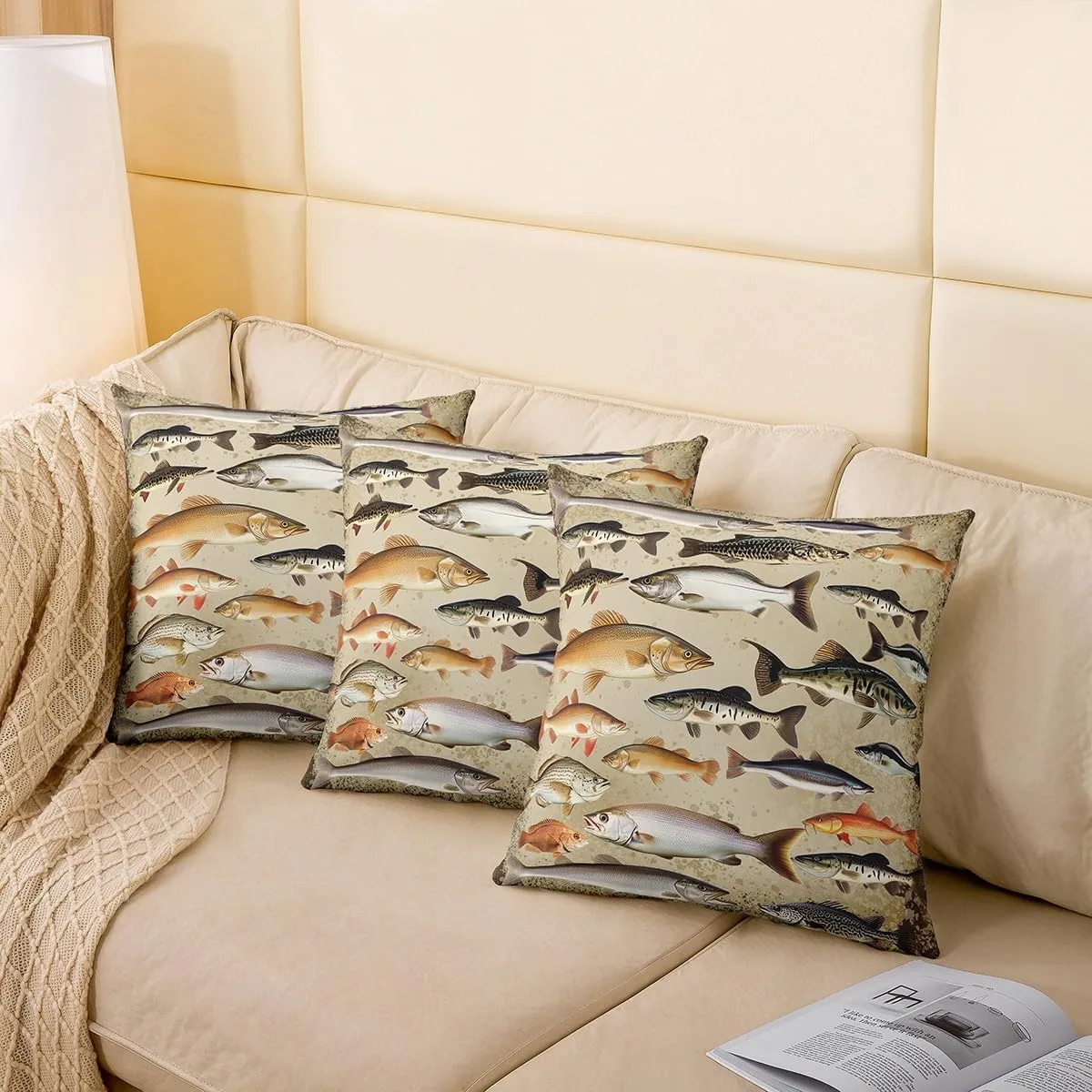 Vintage Fishing Pillow Covers 18"x18",Underwater Fish Animals Cushion Covers for Couch Sofa, Farmhouse Lakeside Fishing Outdoor Pillow Covers,Lake and Fashing Reversible Throw Pillow Covers