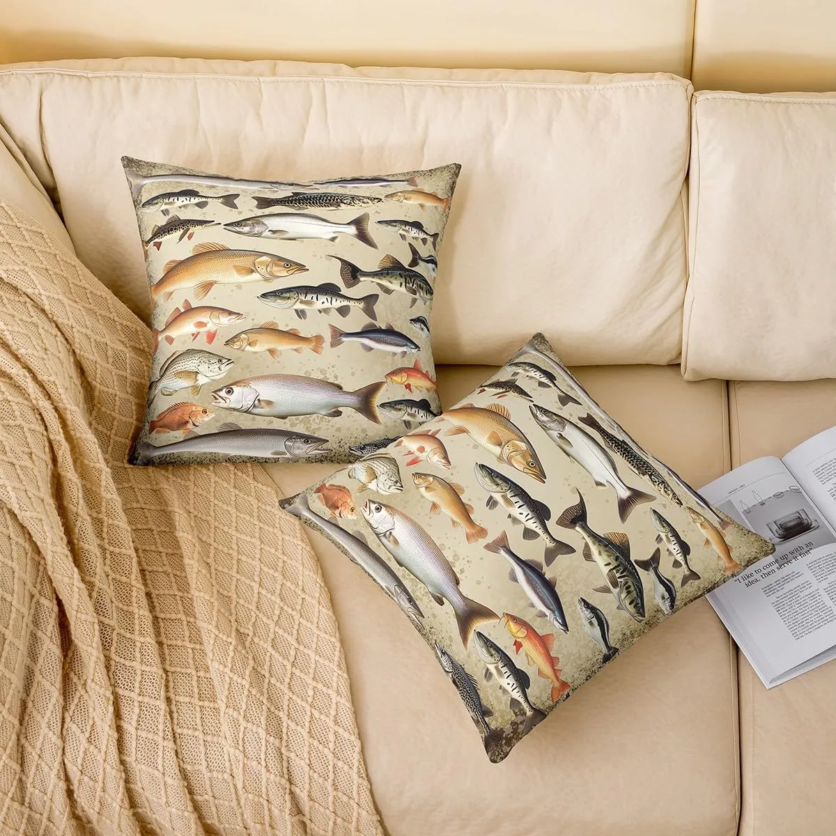Vintage Fishing Pillow Covers 18"x18",Underwater Fish Animals Cushion Covers for Couch Sofa, Farmhouse Lakeside Fishing Outdoor Pillow Covers,Lake and Fashing Reversible Throw Pillow Covers