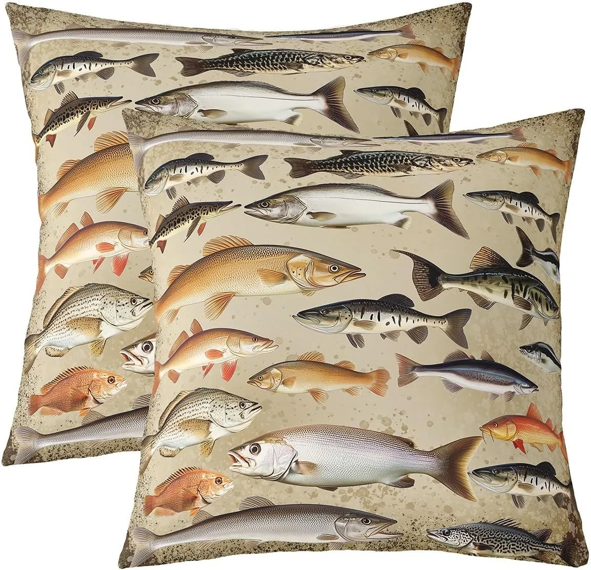 Vintage Fishing Pillow Covers 18"x18",Underwater Fish Animals Cushion Covers for Couch Sofa, Farmhouse Lakeside Fishing Outdoor Pillow Covers,Lake and Fashing Reversible Throw Pillow Covers
