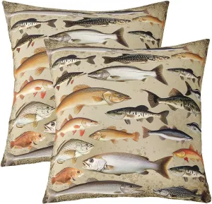Vintage Fishing Pillow Covers 18"x18",Underwater Fish Animals Cushion Covers for Couch Sofa, Farmhouse Lakeside Fishing Outdoor Pillow Covers,Lake and Fashing Reversible Throw Pillow Covers