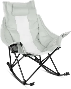 VITESSE Oversized Rocking Camping Chair, Luxury Padded Recliner,Oversized Folding Lawn Chair with Pocket and Carry Bag,Outdoor Camp Rocker Chairs for Adults Heavy Duty 300 LBS (Grey)