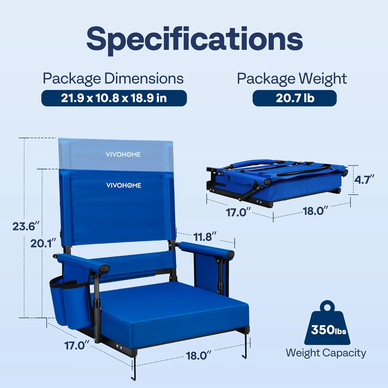 VIVOHOME Height Adjustable High Back Stadium Seats with Back Support and Cushion, 2 Pack Portable Bleacher Chairs with Cup Holder and Shoulder Strap, Blue