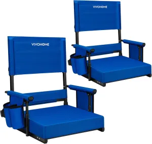 VIVOHOME Height Adjustable High Back Stadium Seats with Back Support and Cushion, 2 Pack Portable Bleacher Chairs with Cup Holder and Shoulder Strap, Blue