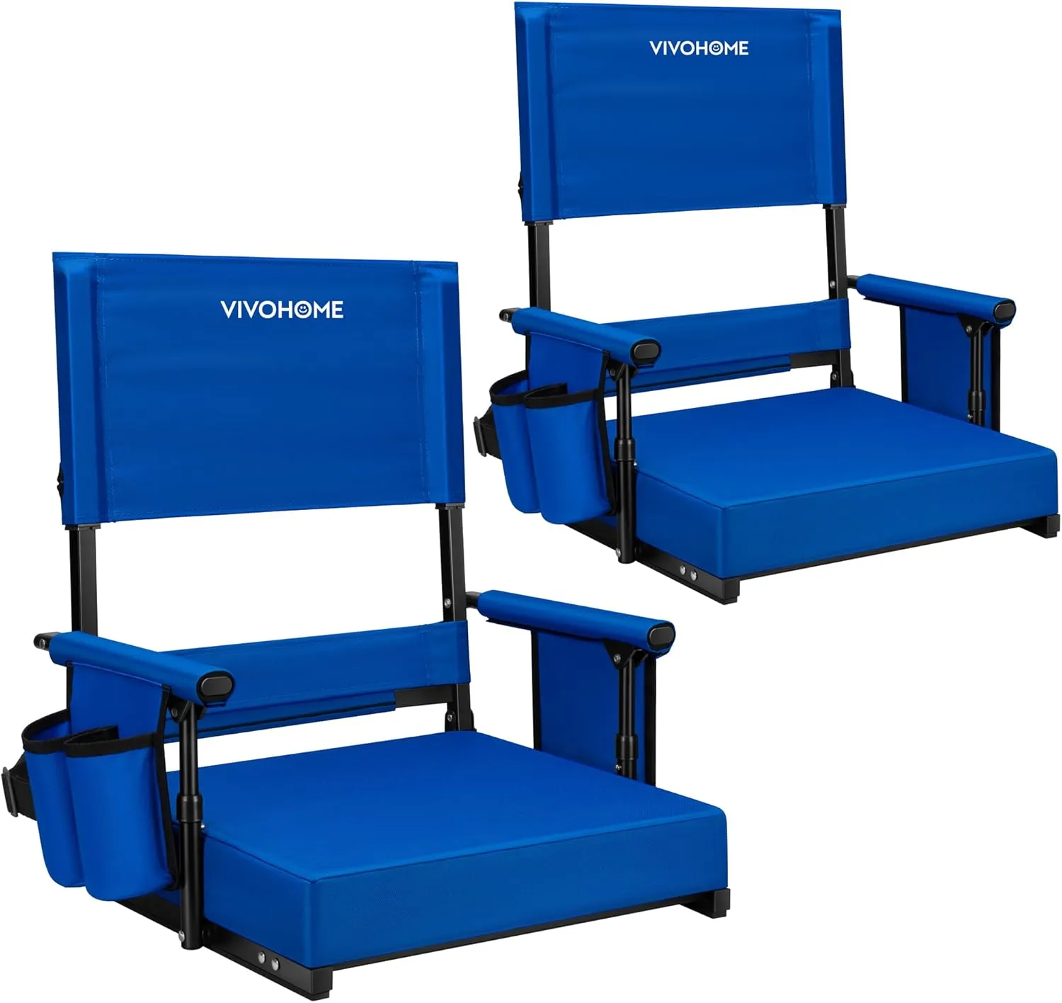 VIVOHOME Height Adjustable High Back Stadium Seats with Back Support and Cushion, 2 Pack Portable Bleacher Chairs with Cup Holder and Shoulder Strap, Blue