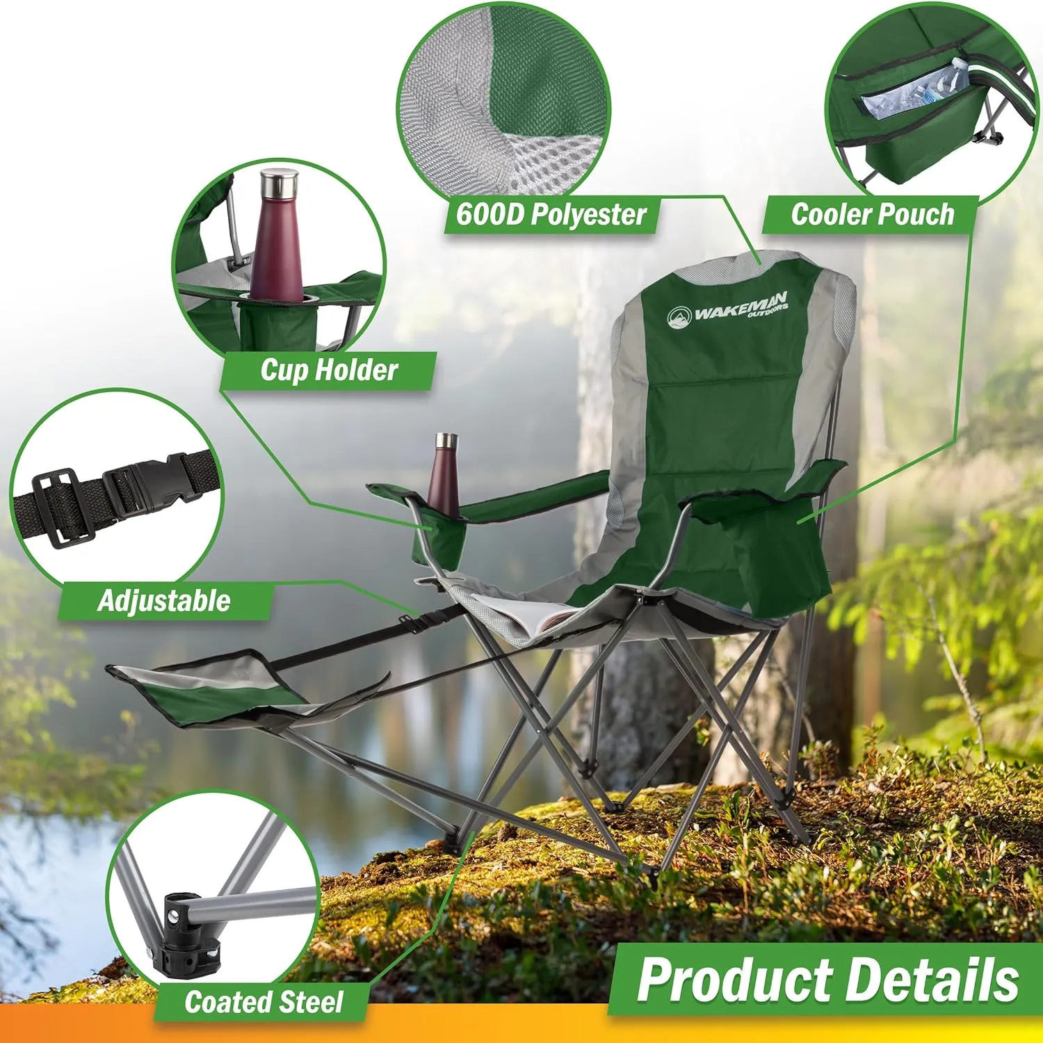 Wakeman Camping Chair with Foot Rest - 300lb Capacity Beach Chair with Footrest, Cupholder, and Cooler Pouch - Portable Chair Outdoors (Green)