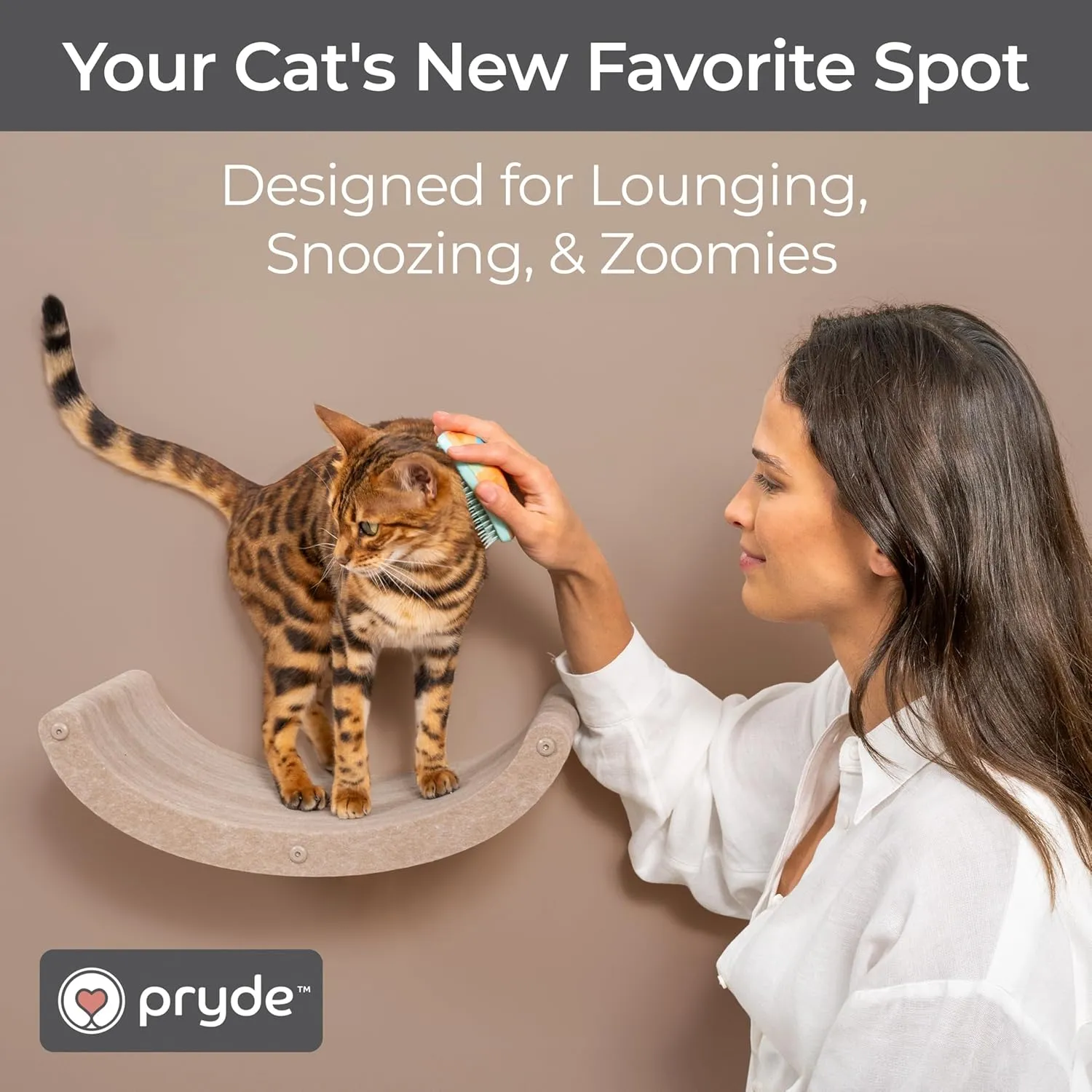 Wall Mounted Cat Hammock Bed by Pryde Pets - Floating Perch Curved Shelf, 100% Sustainable PET Felt Feline Enrichment Climber Furniture for Indoor Cats, Modern Climbing Gym Jungle Design (Oatmeal)