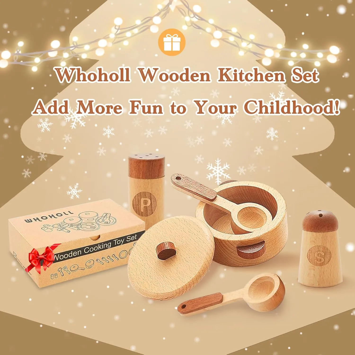 WHOHOLL Wooden Toys Play Kitchen Accessories, Montessori Toys for 1 2 3 4 5   Years Old Toddlers, Toy Kitchen Play Dishes & Play Food Playset, Birthday Sets for Kids Girls Boys