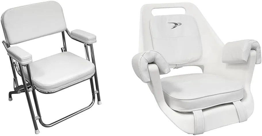 Wise 3316 Boaters Value Folding Deck Chair & 8WD007-3-710 Deluxe Pilot Chair with Cushions and Mounting Plate, White