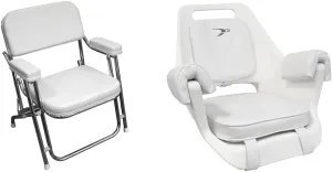Wise 3316 Boaters Value Folding Deck Chair & 8WD007-3-710 Deluxe Pilot Chair with Cushions and Mounting Plate, White