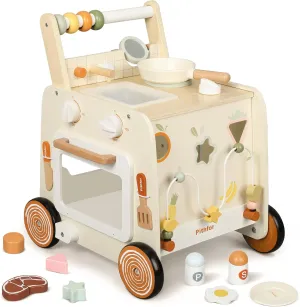 Wooden Baby Walker, 3-in-1 Baby Push Walker, with Pretend Kitchen, Montessori Sensory Activity Center, Push Walker Toys for Babies Learning to Walk, Sit-to-Stand