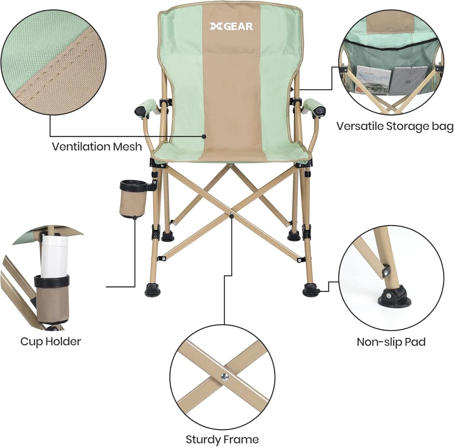XGEAR Camping Chair Hard Arm High Back Lawn Chair Heavy Duty with Cup Holder, for Camp, Fishing, Hiking, Outdoor, Carry Bag Included