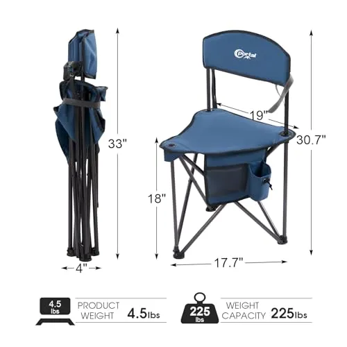 XL Quick Folding Tripod Stool with Backres, Fishing Camping Chair with Carry Strap