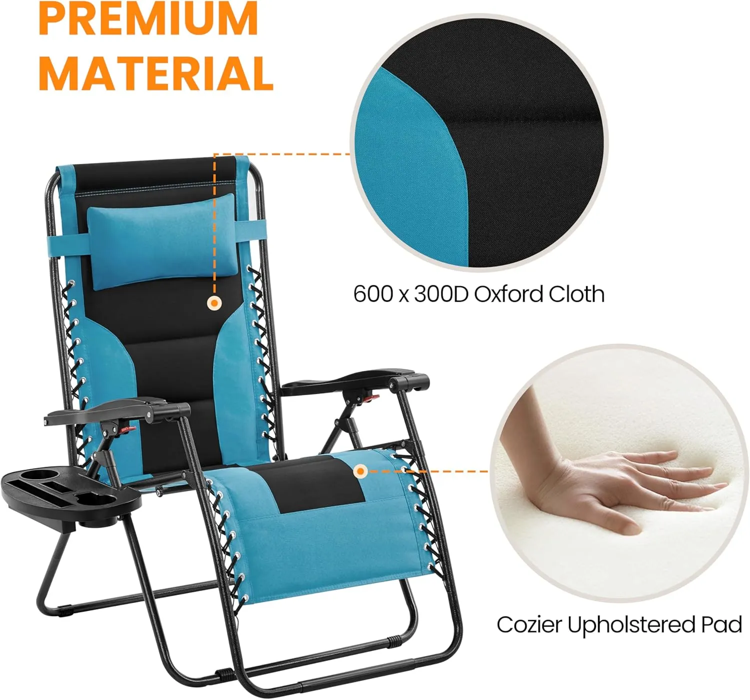 Yaheetech 29in Full Padded Zero Gravity Chair Oversized Outdoor Patio Folding Lounger Adjustable Portable Anti Gravity Recliner w/Carry Strap, Side Cup Tray, Pillow for Beach Yard Lawn Black/Aqua/1